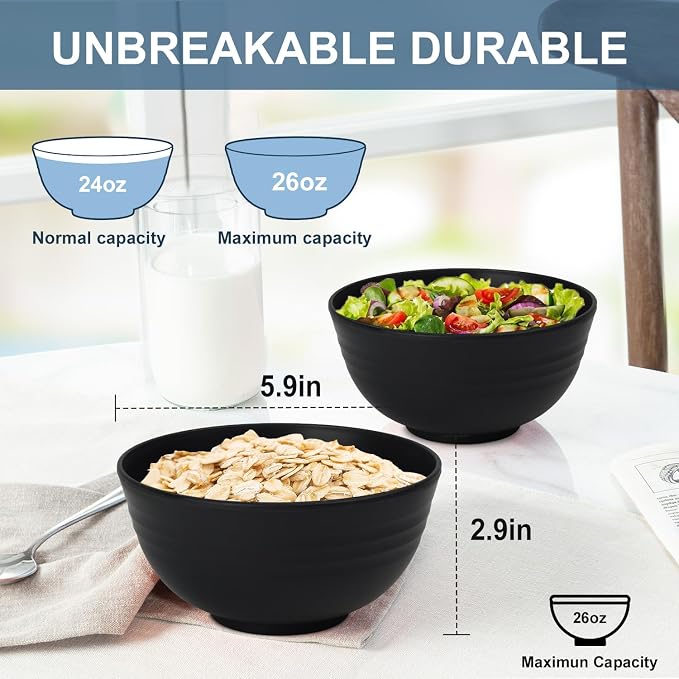 Ramen Bowl 26oz, Unbreakable Wheat Straw Bowls Sets of 6, Plastic Bowl Reusable - Image 2