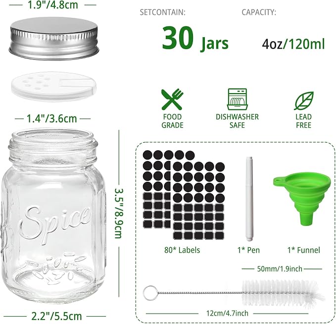 CycleMore 30 Pack 4oz Glass Mason Spice Jars, Round Spice Containers - Image 2