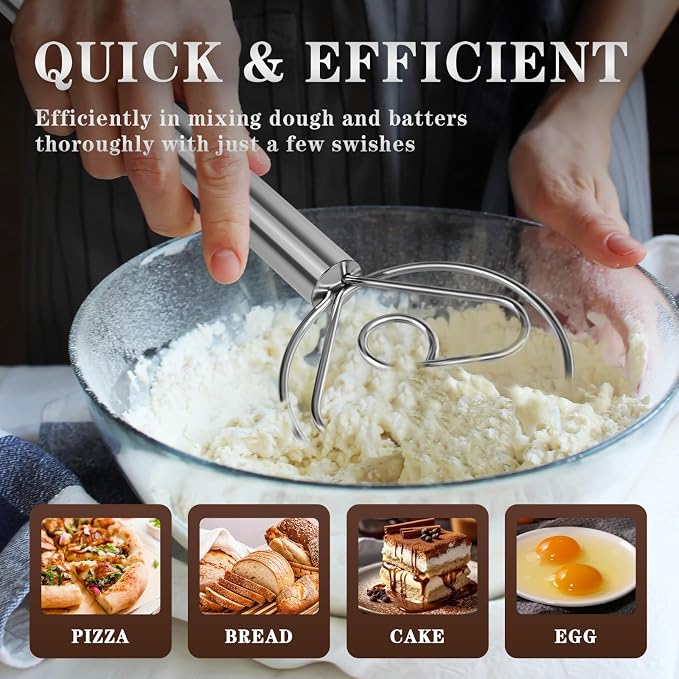 TEEVEA Danish Dough Whisk with Stainless Steel Hook Dutch Style Bread Mixer - Image 4