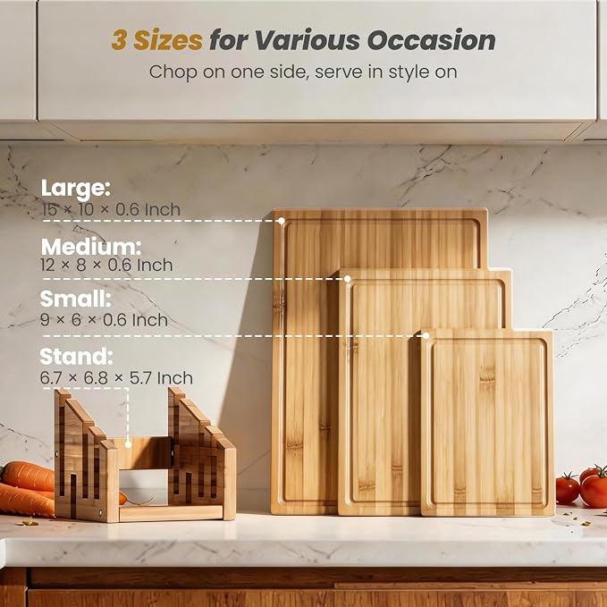 Bamboo Cutting Board Set of 3, Durable Wooden Chopping Boards - Image 3