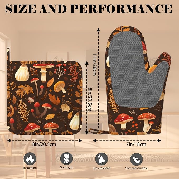 Mushroom Oven Mitts and Pot Holders Sets Vintage Leaf Silicone Kitchen Mitts - Image 3