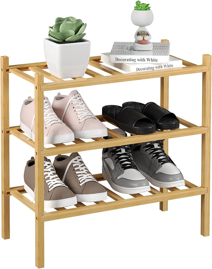 ROMGUAR CRAFT 3-Tier Bamboo Small Shoe Rack, Free Standing Wood Shoe Shelf by ROMGUAR+CRAFT