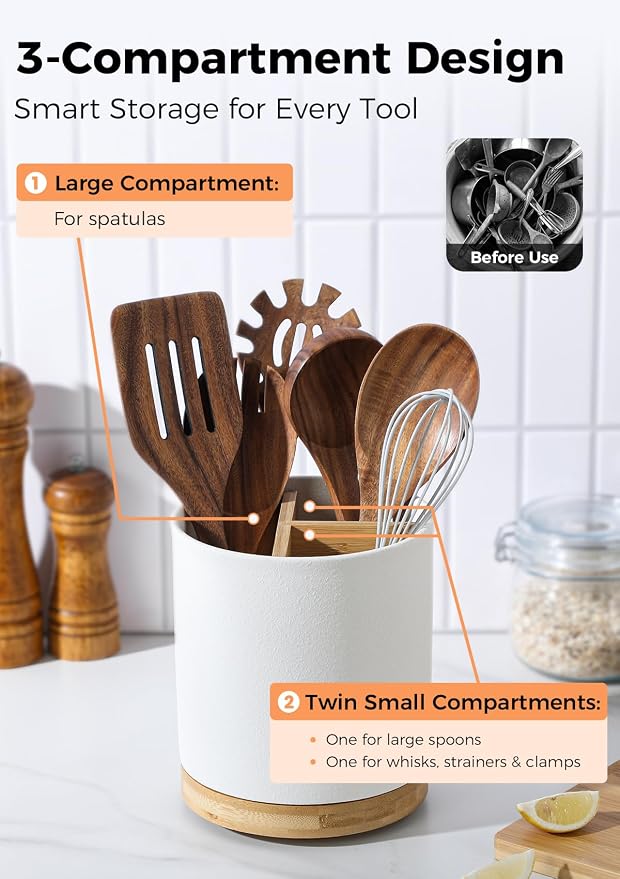 LoeJan 3 Compartment Utensil Holder, Extra Large Utensil Crock, Stable Ceramic - Image 3