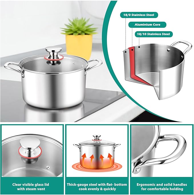 E-far 4 Quart Stock Pot, Tri-Ply Stainless Steel Cooking Pot - Image 3