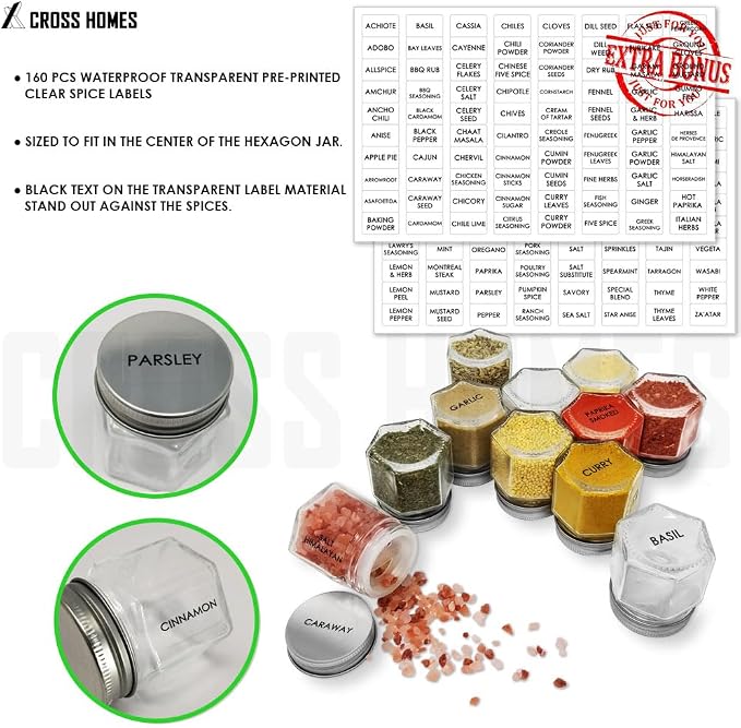 20 Pack Magnetic Spice Jars Large 4 oz Refrigerator Hexagon Glass Spice Jars - Image 4