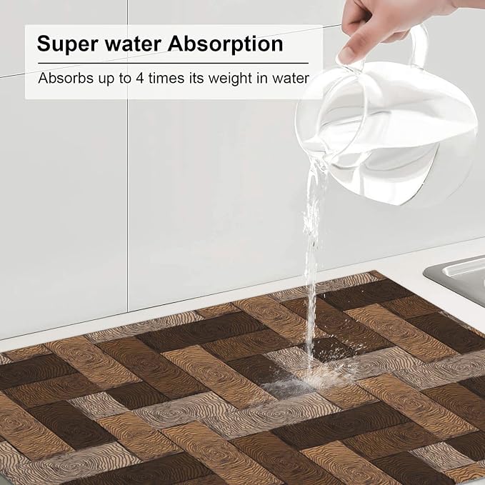 Brown Beige Dish Drying Mat Parquet Pattern Wooden Style Drying Rack Pad - Image 5