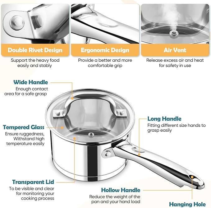 P&P CHEF 2 Quart Saucepan with Lid Set, Stainless Steel Small Cooking Pot - Image 3