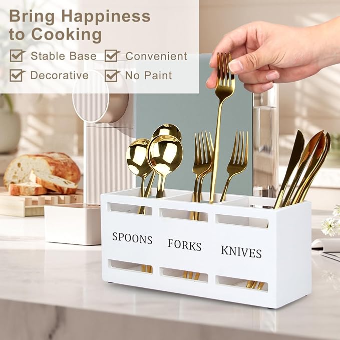 Wooden Silverware Cutlery Holder White Flatware Caddy Small Kitchen Utensil - Image 3