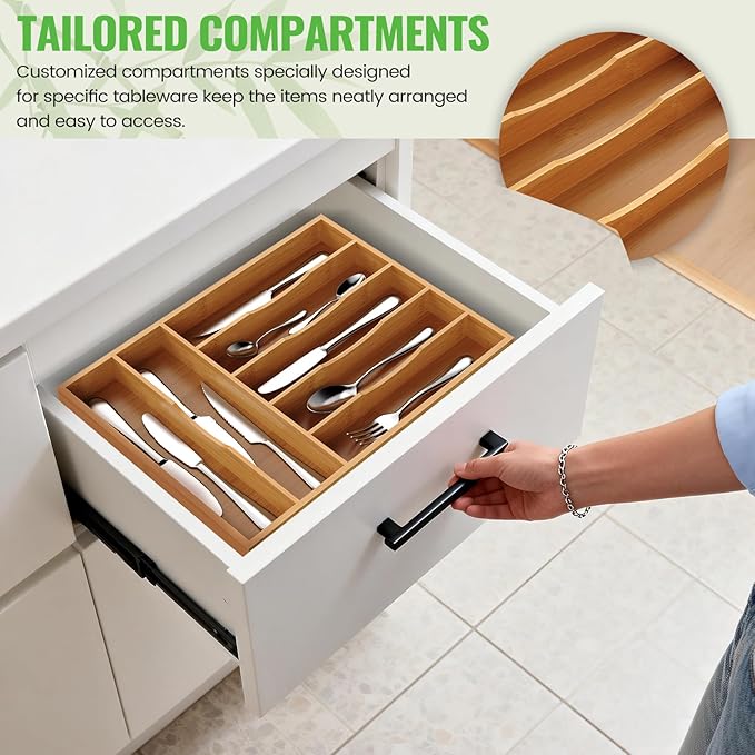 Bamboo Silverware Organizer, Bamboo Kitchen Drawer Cutlery Organizer, Utensil - Image 7