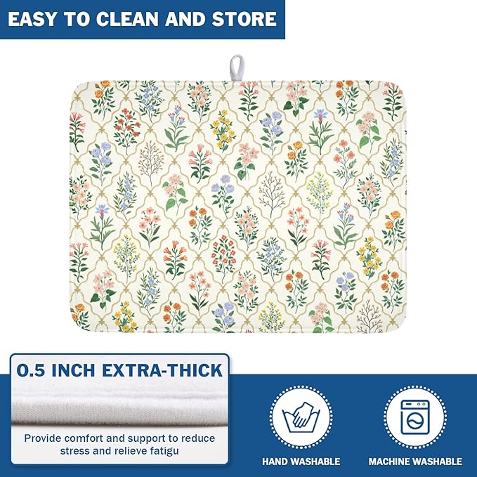 Floral Dish Drying Mat for Kitchen Counter Spring Summer Wild Flowers Diamond - Image 5