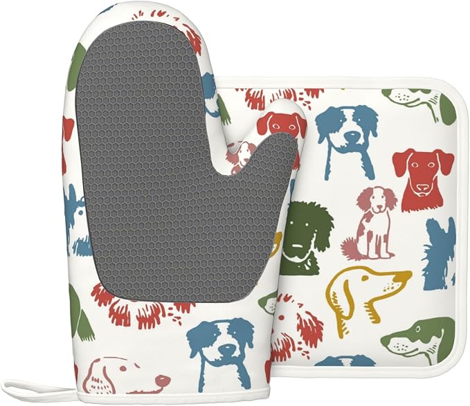 Cute Colorful Dog Puppy Silicone Oven Mitts Pan Mats Set of 2, Heat Resistant - Image 2