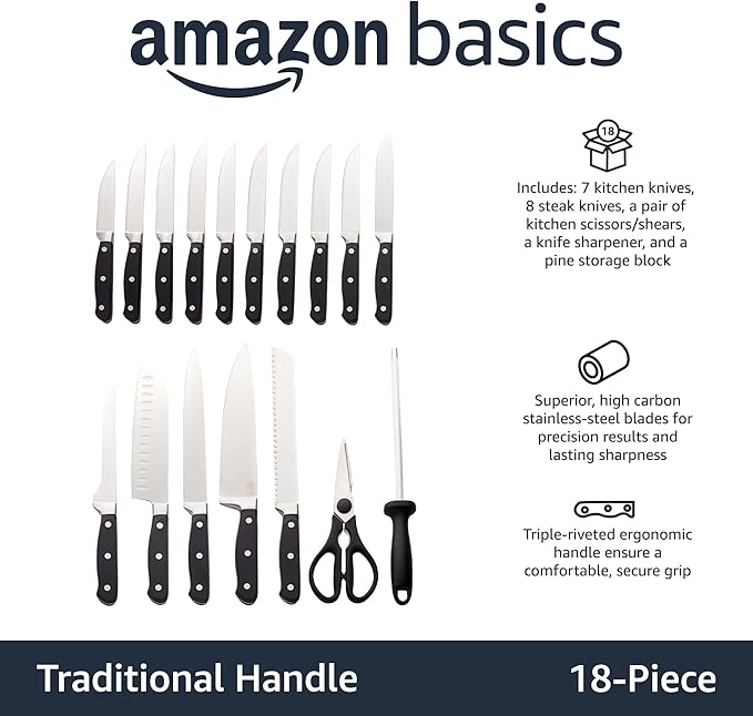 Amazon Basics 18-Piece Premium High-Carbon Stainless Steel Kitchen Knife Set - Image 2