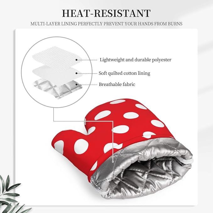 Red and White Polka Dot Oven Mitts and Pot Holders Sets of 4, Heat Resistant - Image 3