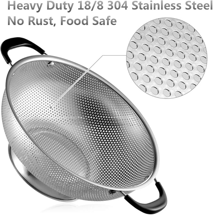 Tiawudi 18/8 Stainless Steel Colander, Easy Grip Micro-Perforated 5-Quart - Image 2
