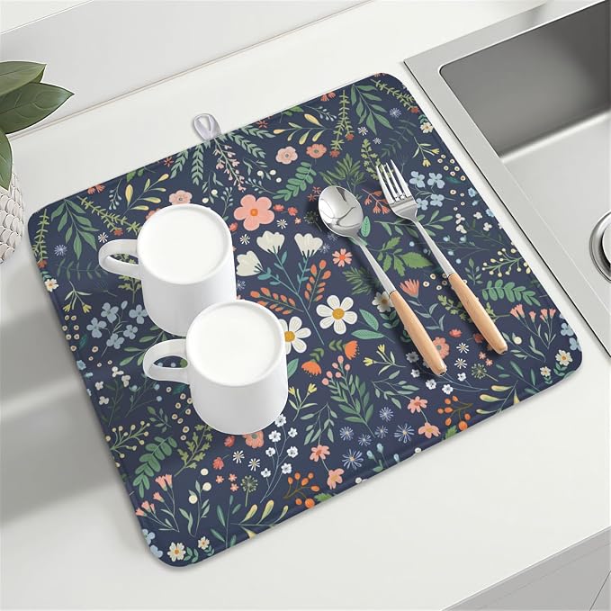Floral Dish Drying Mat for Kitchen Counter Rustic Flower Leaves Print - Image 8