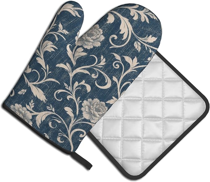 Navy Blue Oven Mitts and Pot Holders Vintage Floral Kitchen Accessories Set of - Image 2