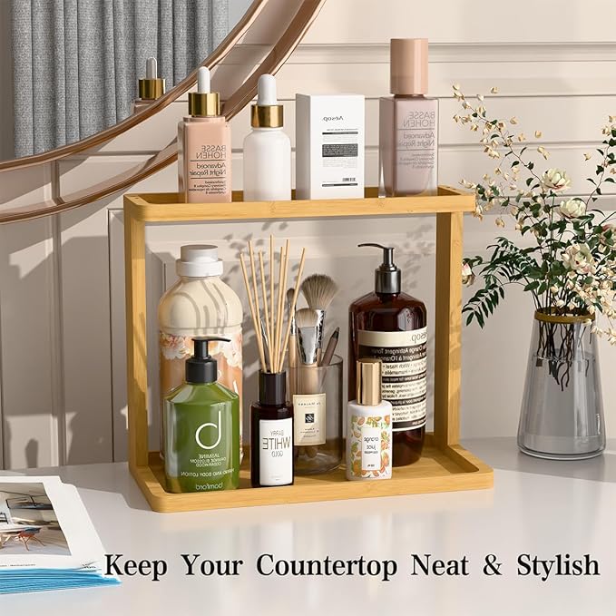 PEKER Bamboo Bathroom Organizer Countertop – Small Vanity Storage Shelf - Image 3