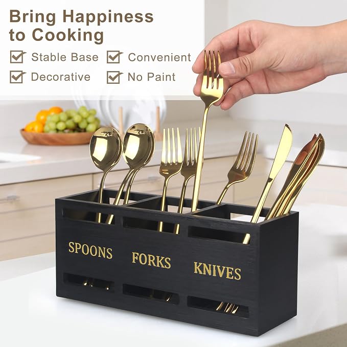 Ayiaren Wooden Cutlery Silverware Holder Flatware Utensil Caddy Black Utensil - Image 3