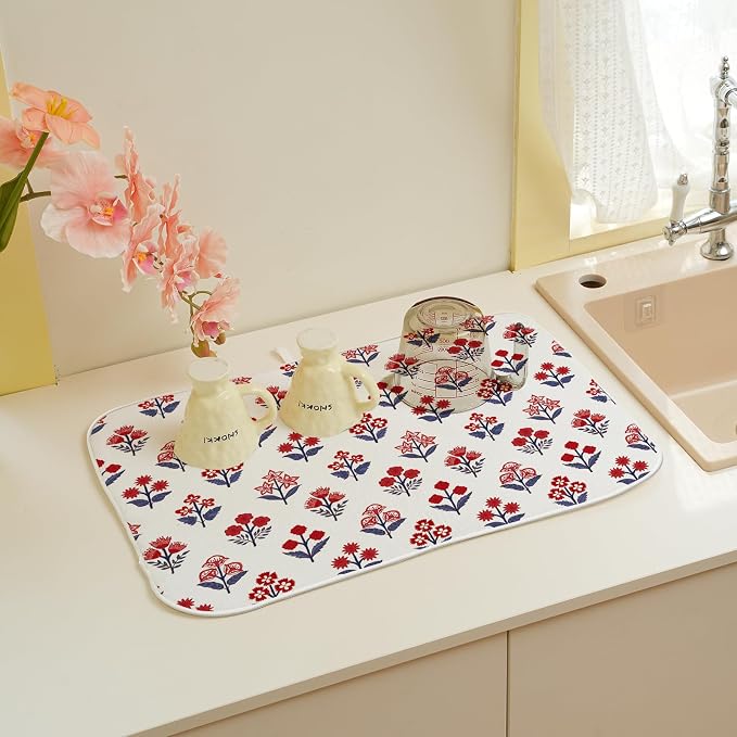 Red Blue Dish Drying Mat 18x24 Inch Vintage Boho Block Print Floral Drying Mat - Image 6
