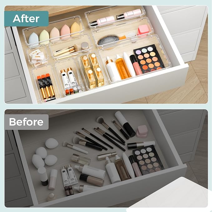 WOWBOX 44 PCS Clear Plastic Drawer Organizer Set, 5 Varied Size storage Bins - Image 6