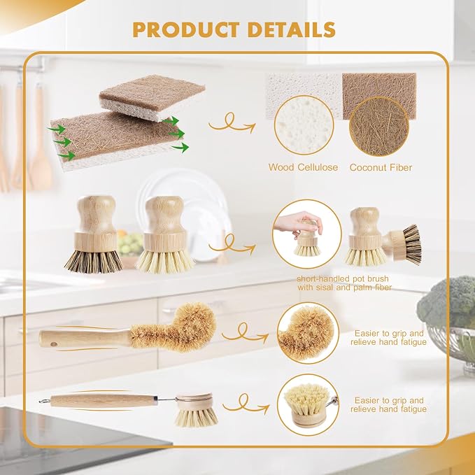DEBETOOL 6 Piece Bamboo Dish Brush Set - Image 4