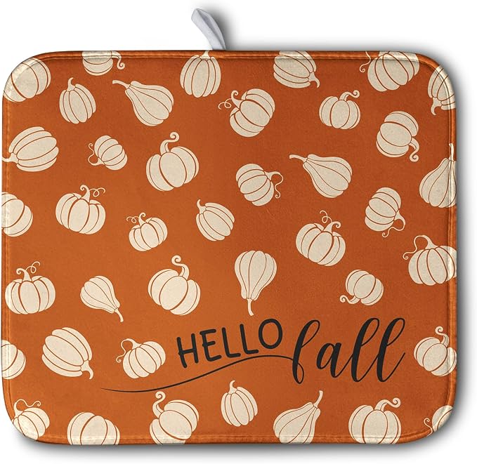 Hello Fall Drying Mat for Kitchen Counter Autumn Orange Pumpkin Dry Dish Mat by Kwlegh