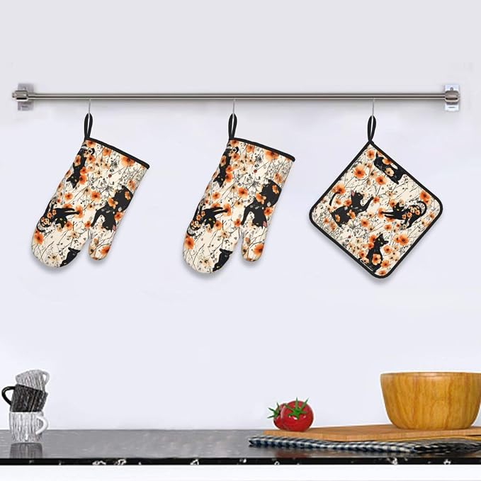 Orange Floral Pot Holders and Oven Mitts Set of 3, Cute Black Cat Kitchen - Image 6