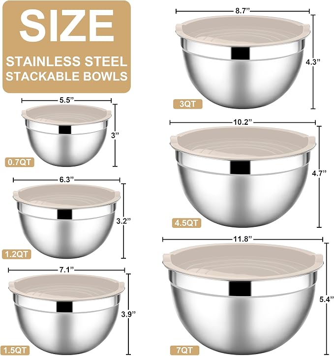 E-far Mixing Bowls with Lids, 12-Piece Stainless Steel Salad Bowls Metal - Image 2