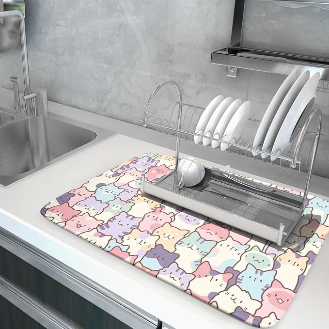 Colorful Cats Dish Drying Mat 18x24 inch Cute Animal Microfiber Reversible Fast - Image 5