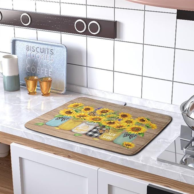 Sunflower Dish Drying Mat for Kitchen 16x18 Inch Counter Rustic Vintage Floral - Image 5
