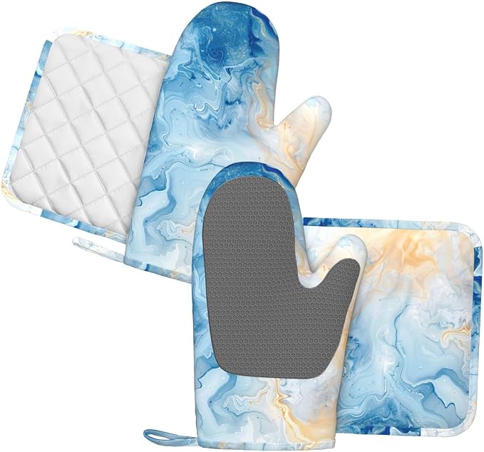 Oven Mitts and Pot Holders Blue Marble Pastel Silicone Kitchen Accessories Set - Image 2