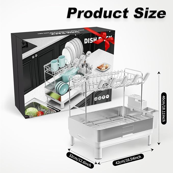 Ewaiira Dish Drying Rack, 2 Tier Large Dish Rack, Stainless Steel Dish Drainer - Image 2