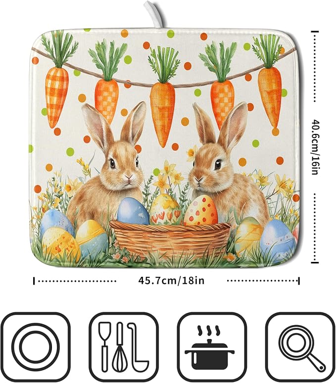Giwawa Easter Bunny Dish Drying Mat Eggs Carrot Dishes Drainer Pad Absorbent - Image 2