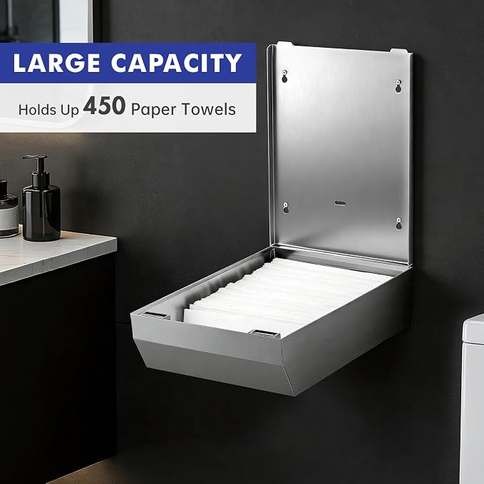 Paper Towel Dispenser Wall Mount, Keyless Magnetic Closure, Brushed Stainless - Image 3
