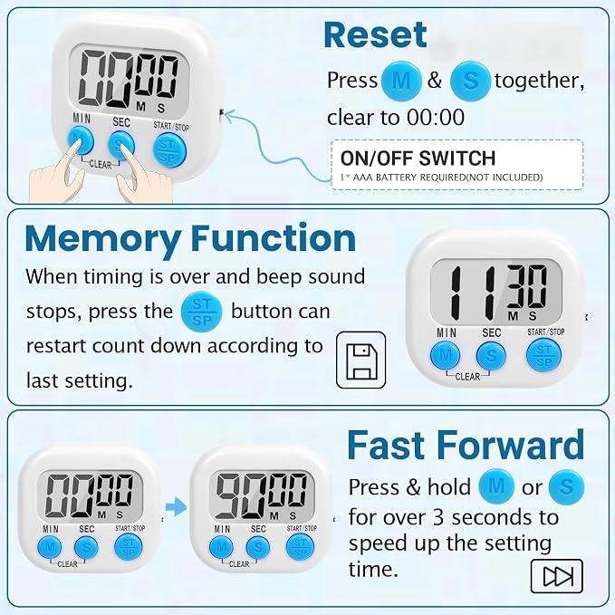12 Pack Multi-Function Digital Timers, Magnetic Large LCD Display Loud Alarm - Image 7