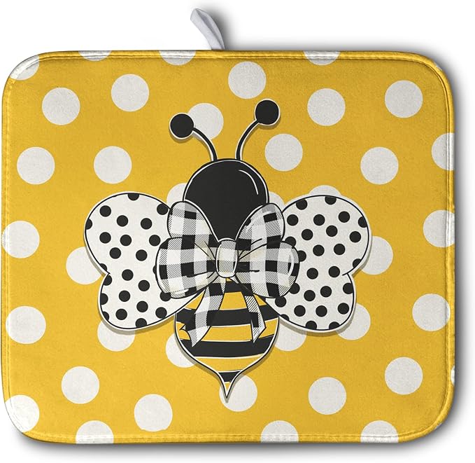 Bee Dish Drying Mat for Kitchen Counter 16x18 Inch Yellow Honey Bees Polka Dots by Kwlegh