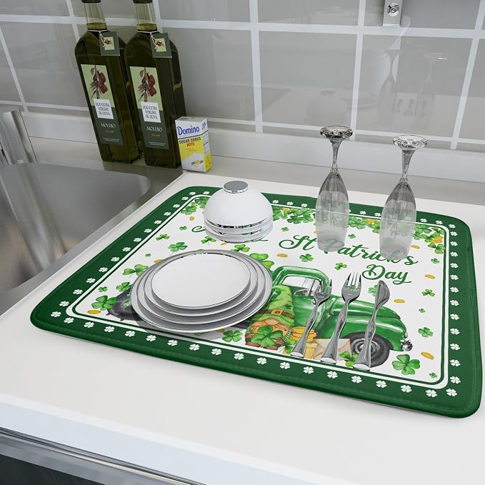 Shamrock Gnome Truck Dish Drying Mat Lucky Clover Dish Drainer Mat 18x24 inch - Image 6