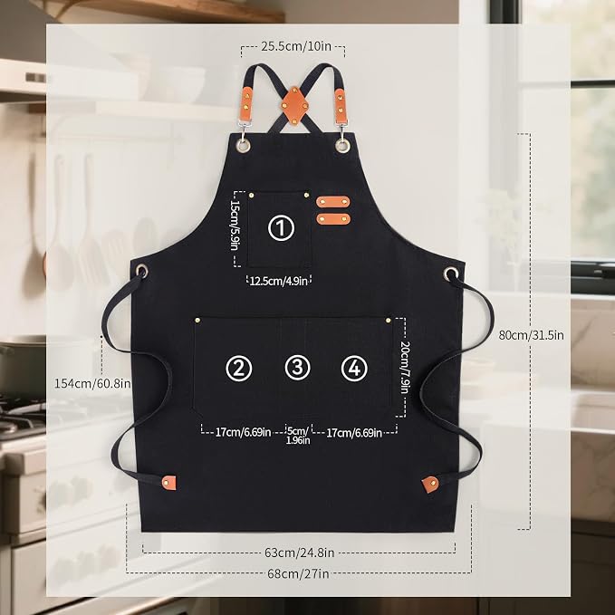 Chef Aprons for Men Women with Large Pockets, Cotton Canvas Water Repellent - Image 2