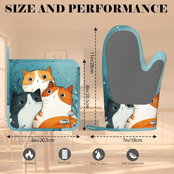 Cute Cartoon Cat Oven Mitts and Pot Holders Sets Funny Cat Silicone Heat - Image 3
