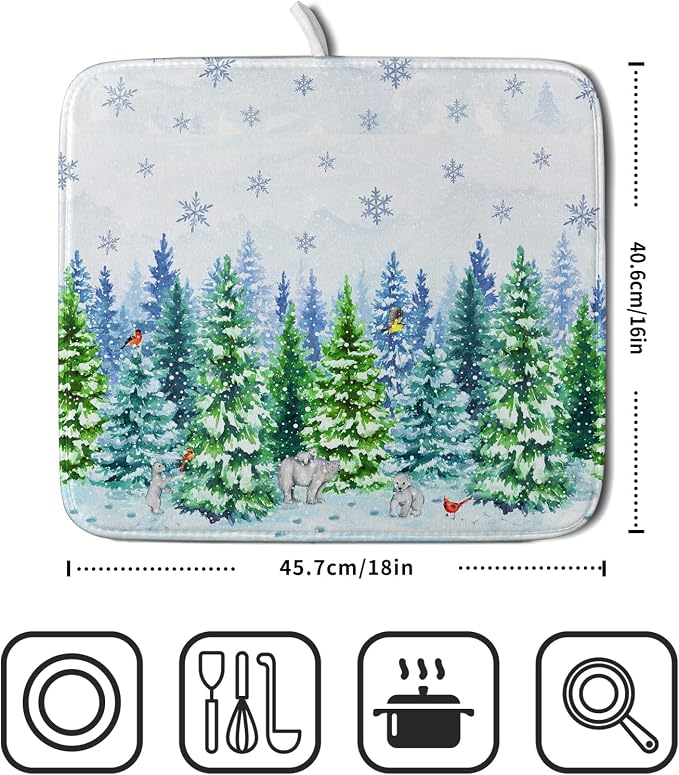 Watercolor Winter Dish Drying Pad Forest Kitchen Mat - Image 2