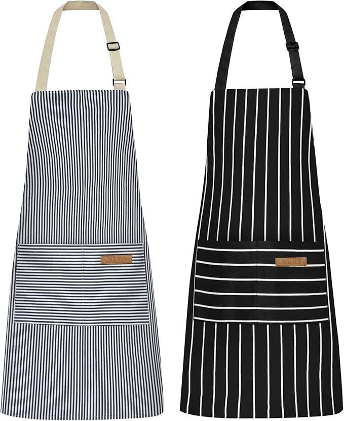 NLUS 2 Pcs Kitchen Cooking Aprons, Poly/Cotton Blend Adjustable Soft Bib Stripe by NLUS