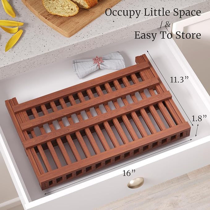 VERTORGAN Teak Dish Drying Rack, Folding Collapsible Drainer Plate Organizer - Image 5