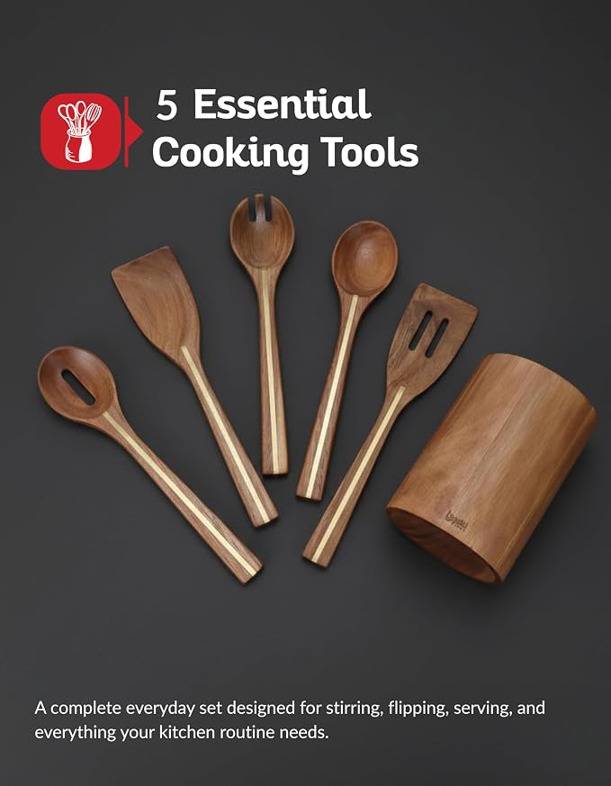 Acacia Utensil Set of 5 with Holder – Premium Wooden Cooking Utensils, Eco - Image 7