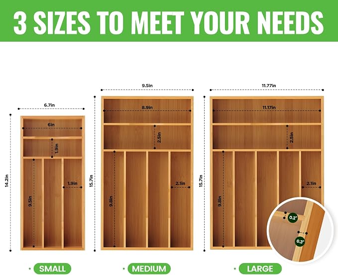 Small Silverware Organizer, Bamboo Kitchen Drawer Cutlery Organizer, Utensil - Image 7