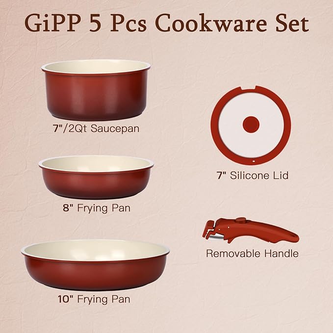 GiPP 5PCS Pots and Pans Set Non Stick, Nonstick Cookware Set Detachable Handle - Image 3