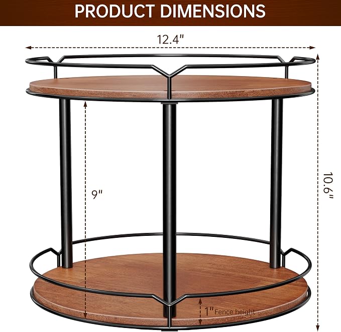 12.4" Lazy Susan Organizer 2 Tier, Rotating Spice Rack, Wooden Spinning Spice - Image 9
