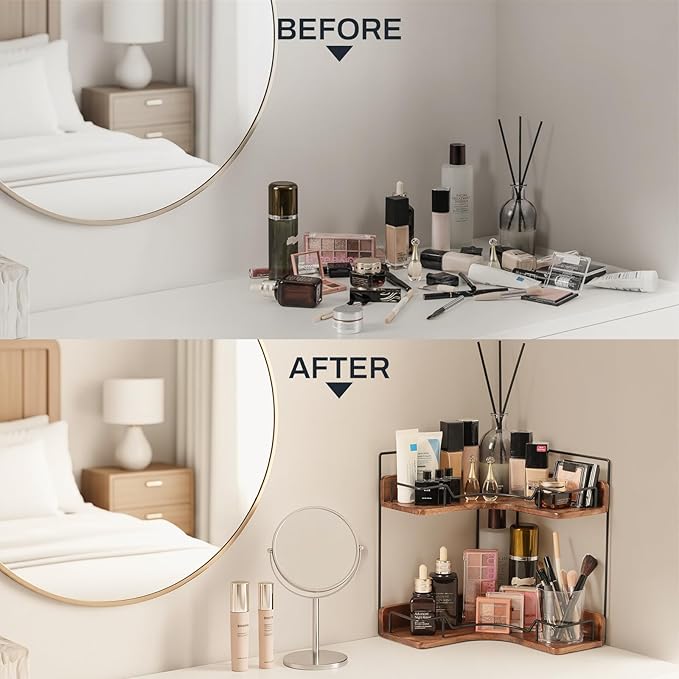 2-Tier Bathroom Counter Organizer, Wooden Corner Shelf - Image 5