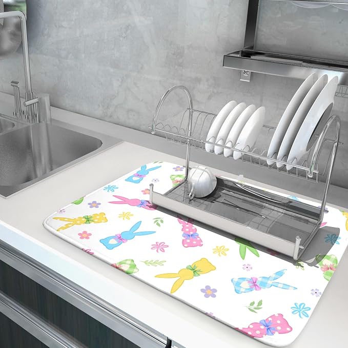 Easter Dish Drying Mat for Kitchen Counter Cute Bunny Floral Holiday Microfiber - Image 5
