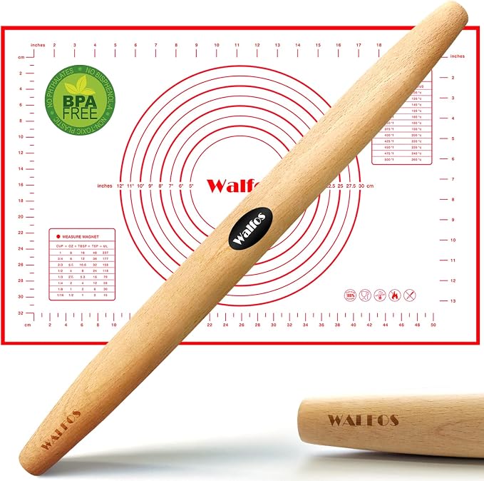 WALFOS French Rolling Pin and Silicone Baking Mat Set, Non-Stick Beech Wood by Walfos