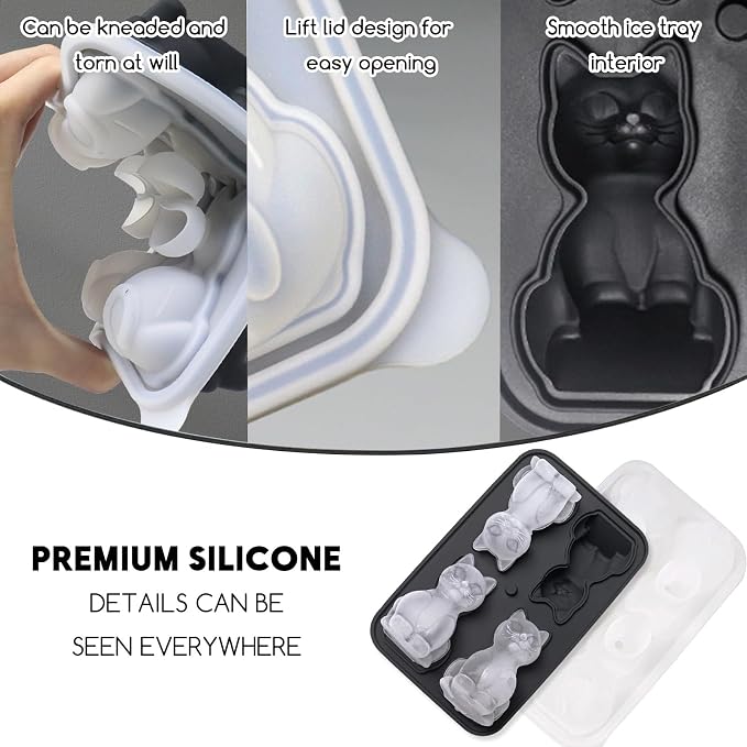 4 Cavities 3D Cat Ice Cube Molds, Cute Cat Shape Ice Mold, Large Ice Cube Tray - Image 3